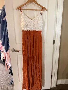 Mind Code White Lace Bodice & Rust Orange Maxi Dress